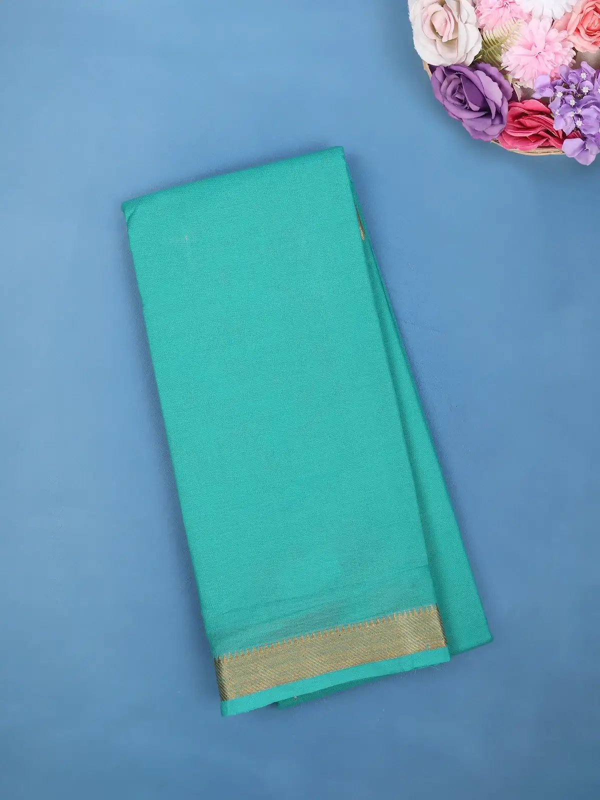 Aqua Blue Cotton Saree with Zari Border - Diadem