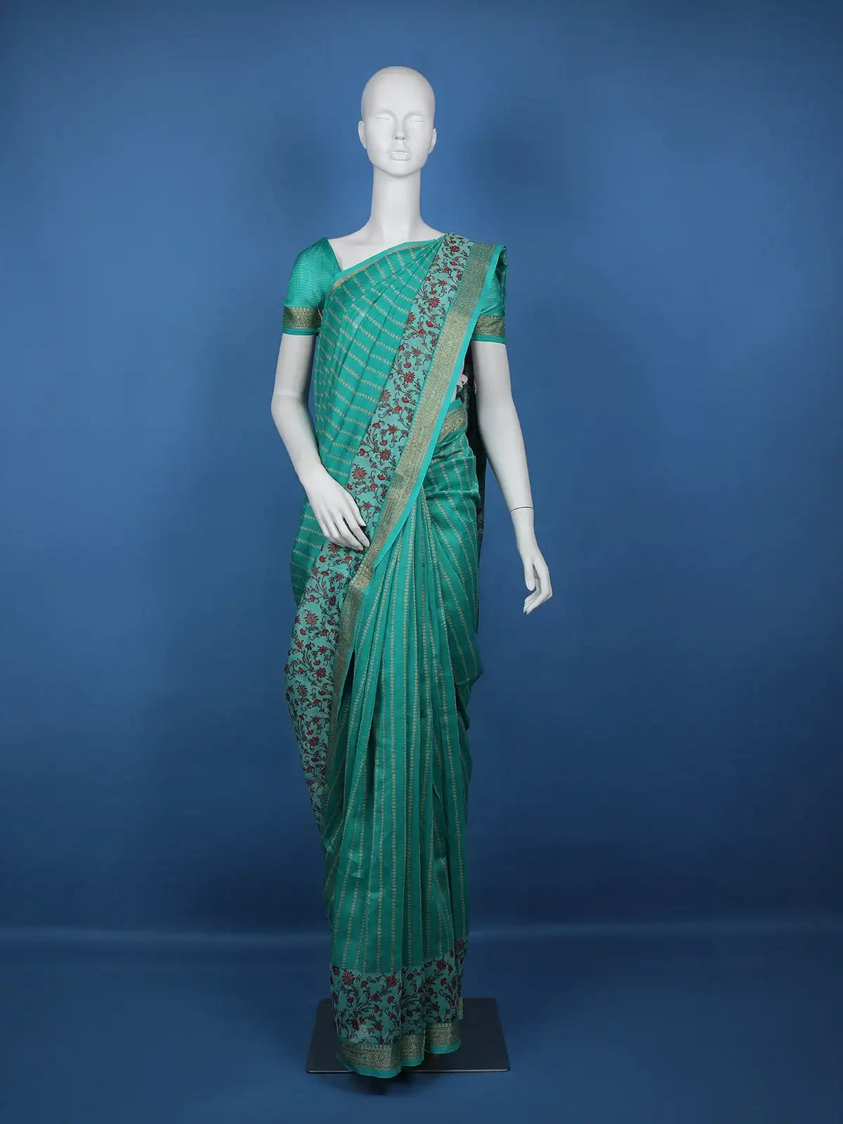 Aqua Blue Floral Designed Chanderi Cotton Saree - Diadem