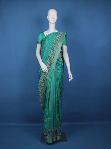 Aqua Blue Floral Designed Chanderi Cotton Saree - Diadem