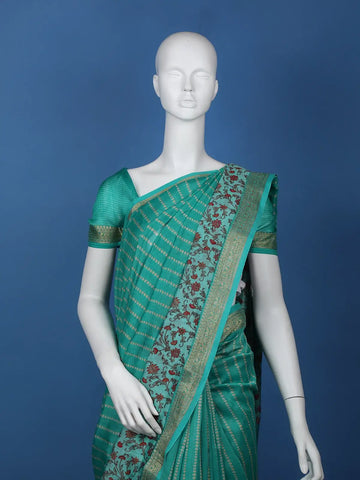 Aqua Blue Floral Designed Chanderi Cotton Saree - Diadem