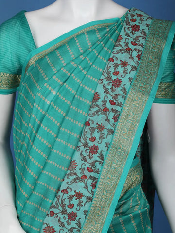 Aqua Blue Floral Designed Chanderi Cotton Saree - Diadem