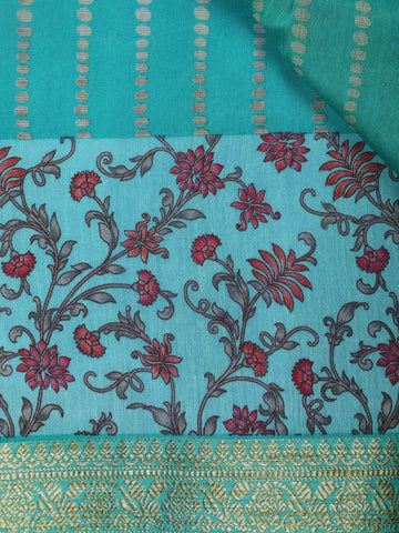Aqua Blue Floral Designed Chanderi Cotton Saree - Diadem