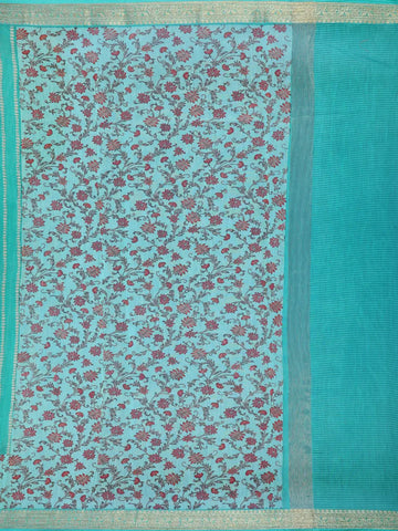 Aqua Blue Floral Designed Chanderi Cotton Saree - Diadem