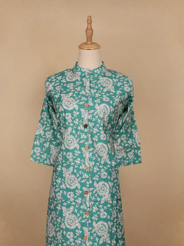Aqua Blue Floral Designed Cotton Salwar Suit - Diadem