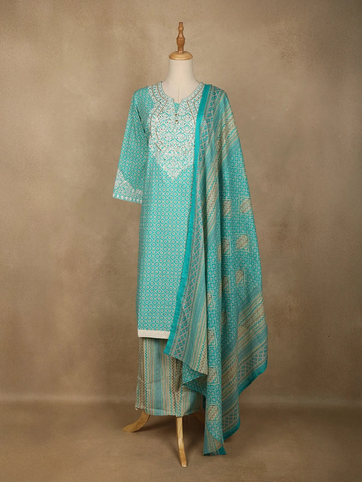 Aqua Blue Floral Designed Cotton Straight Cut Salwar Suit - Diadem