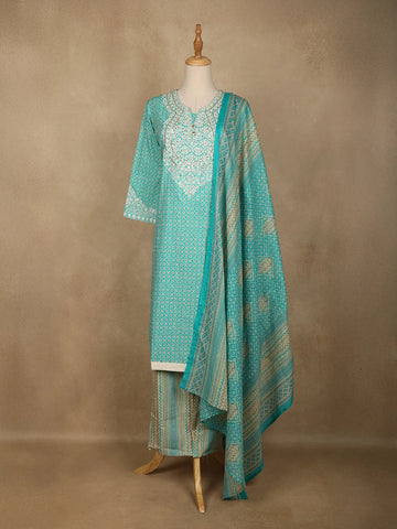 Aqua Blue Floral Designed Cotton Straight Cut Salwar Suit - Diadem