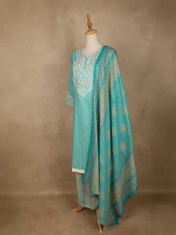 Aqua Blue Floral Designed Cotton Straight Cut Salwar Suit - Diadem