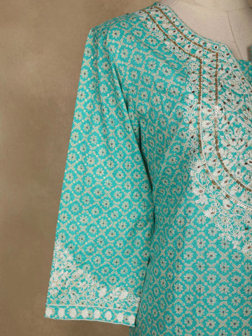 Aqua Blue Floral Designed Cotton Straight Cut Salwar Suit - Diadem