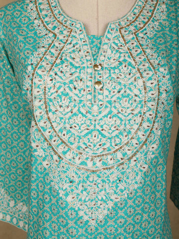 Aqua Blue Floral Designed Cotton Straight Cut Salwar Suit - Diadem