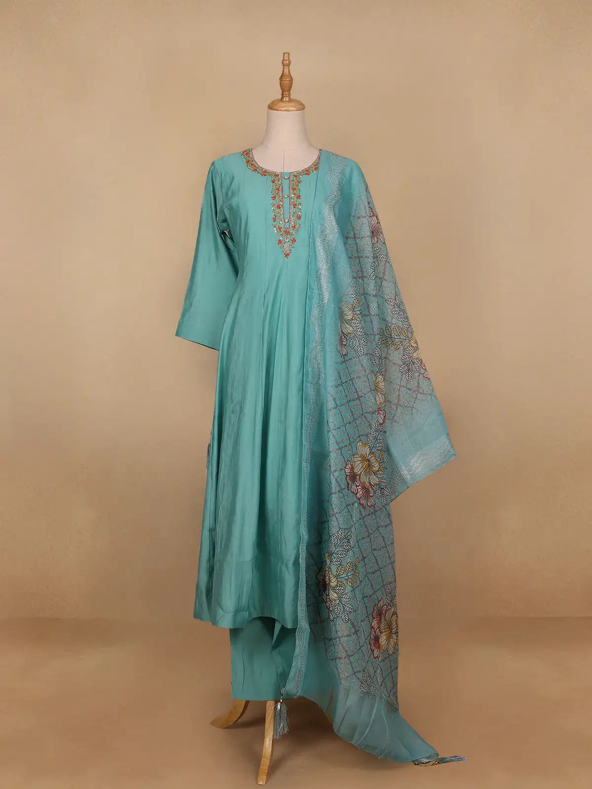 Aqua Blue Floral Designed Semi Silk Salwar Suit - Diadem