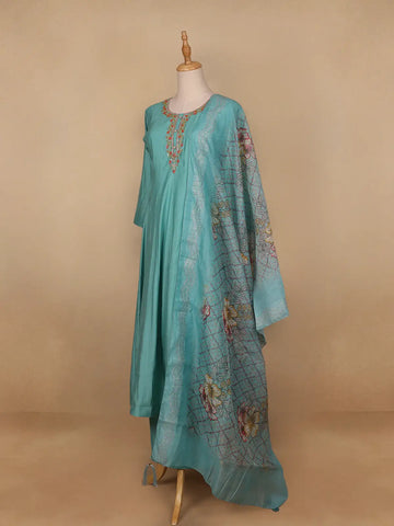 Aqua Blue Floral Designed Semi Silk Salwar Suit - Diadem
