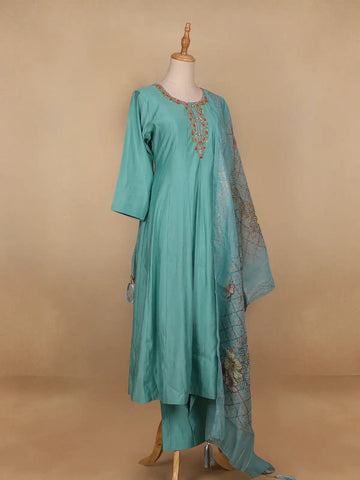 Aqua Blue Floral Designed Semi Silk Salwar Suit - Diadem