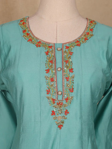 Aqua Blue Floral Designed Semi Silk Salwar Suit - Diadem
