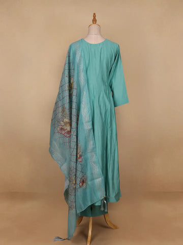 Aqua Blue Floral Designed Semi Silk Salwar Suit - Diadem