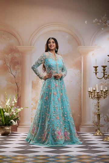 Aqua Blue Floral Embroidered Long Type Over Coat Net Lehenga - Diadem
