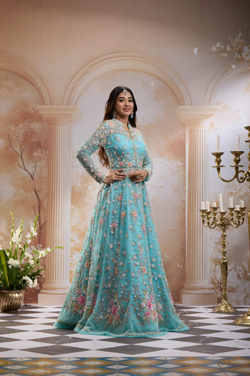 Aqua Blue Floral Embroidered Long Type Over Coat Net Lehenga - Diadem