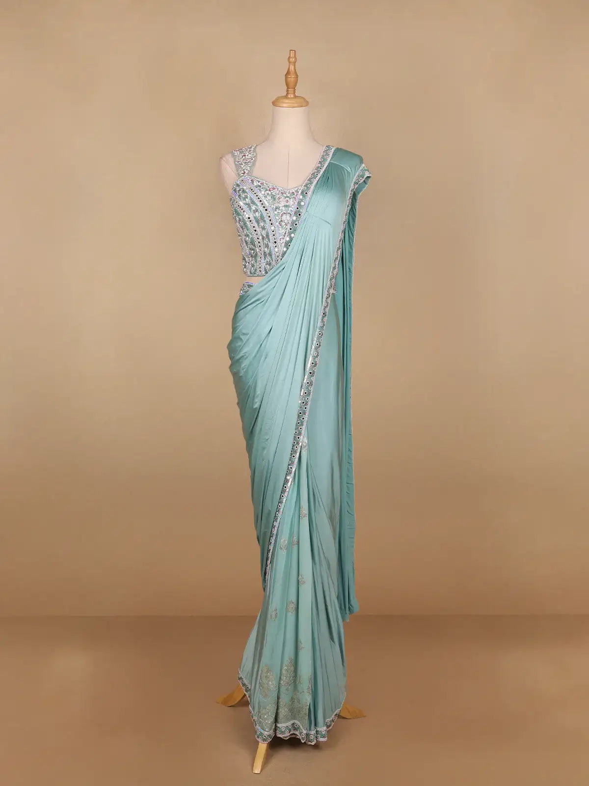 Aqua Blue Satin Saree with Plain Body Paired with Full Sleeve Designer Blouse - Diadem