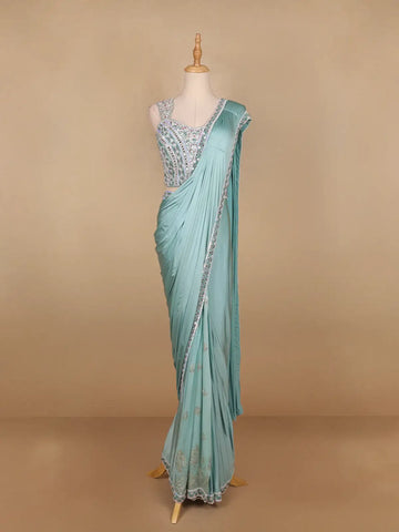 Aqua Blue Satin Saree with Plain Body Paired with Full Sleeve Designer Blouse - Diadem