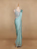 Aqua Blue Satin Saree with Plain Body Paired with Full Sleeve Designer Blouse - Diadem