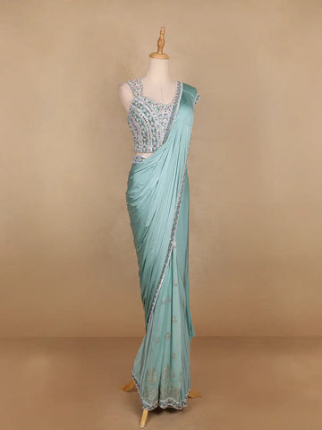 Aqua Blue Satin Saree with Plain Body Paired with Full Sleeve Designer Blouse - Diadem