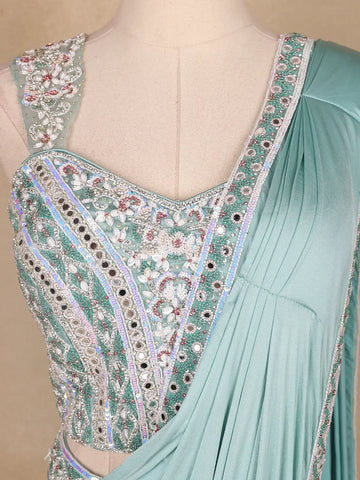 Aqua Blue Satin Saree with Plain Body Paired with Full Sleeve Designer Blouse - Diadem