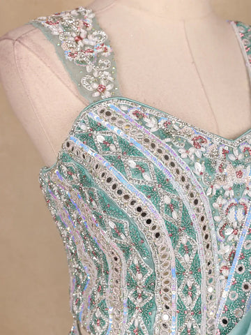 Aqua Blue Satin Saree with Plain Body Paired with Full Sleeve Designer Blouse - Diadem