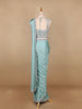 Aqua Blue Satin Saree with Plain Body Paired with Full Sleeve Designer Blouse - Diadem