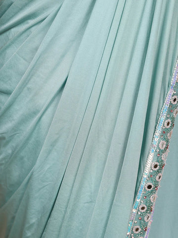 Aqua Blue Satin Saree with Plain Body Paired with Full Sleeve Designer Blouse - Diadem