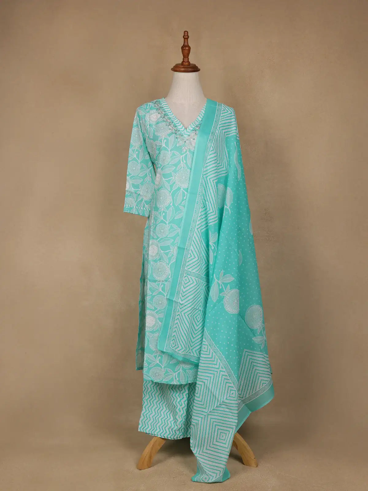 Aqua Green Floral Design Printed Cotton Salwar Suit - Diadem