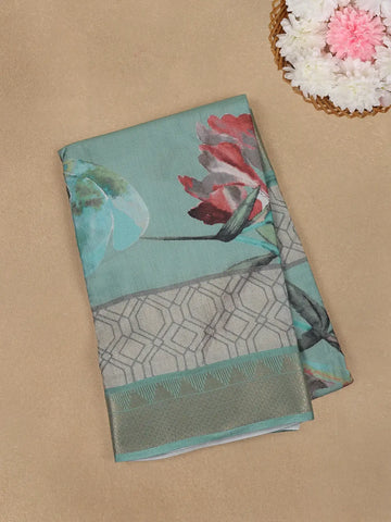 Aqua Green Floral Design Printed Cotton Saree - Diadem