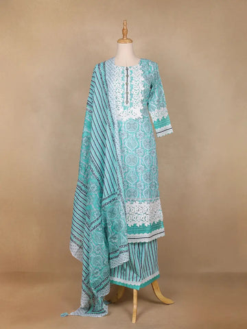 Aqua Green Floral Designed Cotton Palazzo Salwar Suit - Diadem