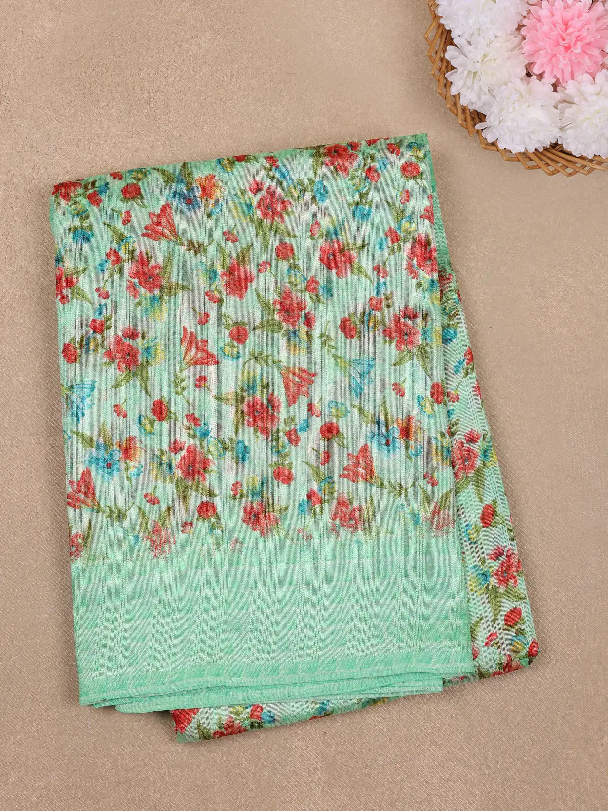Aqua Green Floral Designed Fancy Cotton Saree - Diadem