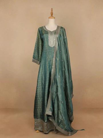 Aqua Green Dot Designed Tissue Silk Gown - Diadem