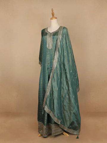Aqua Green Dot Designed Tissue Silk Gown - Diadem