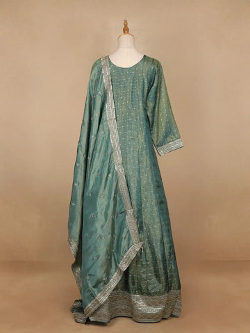 Aqua Green Dot Designed Tissue Silk Gown - Diadem