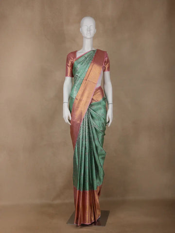 Aqua Green Floral Woven Pure Kanchipuram Silk Saree - Diadem