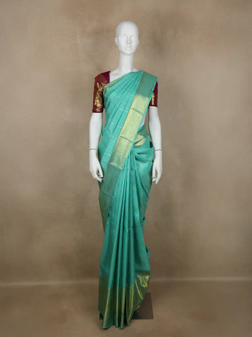 Aqua Green Stripes Woven Pure Kanchipuram Silk Saree - Diadem