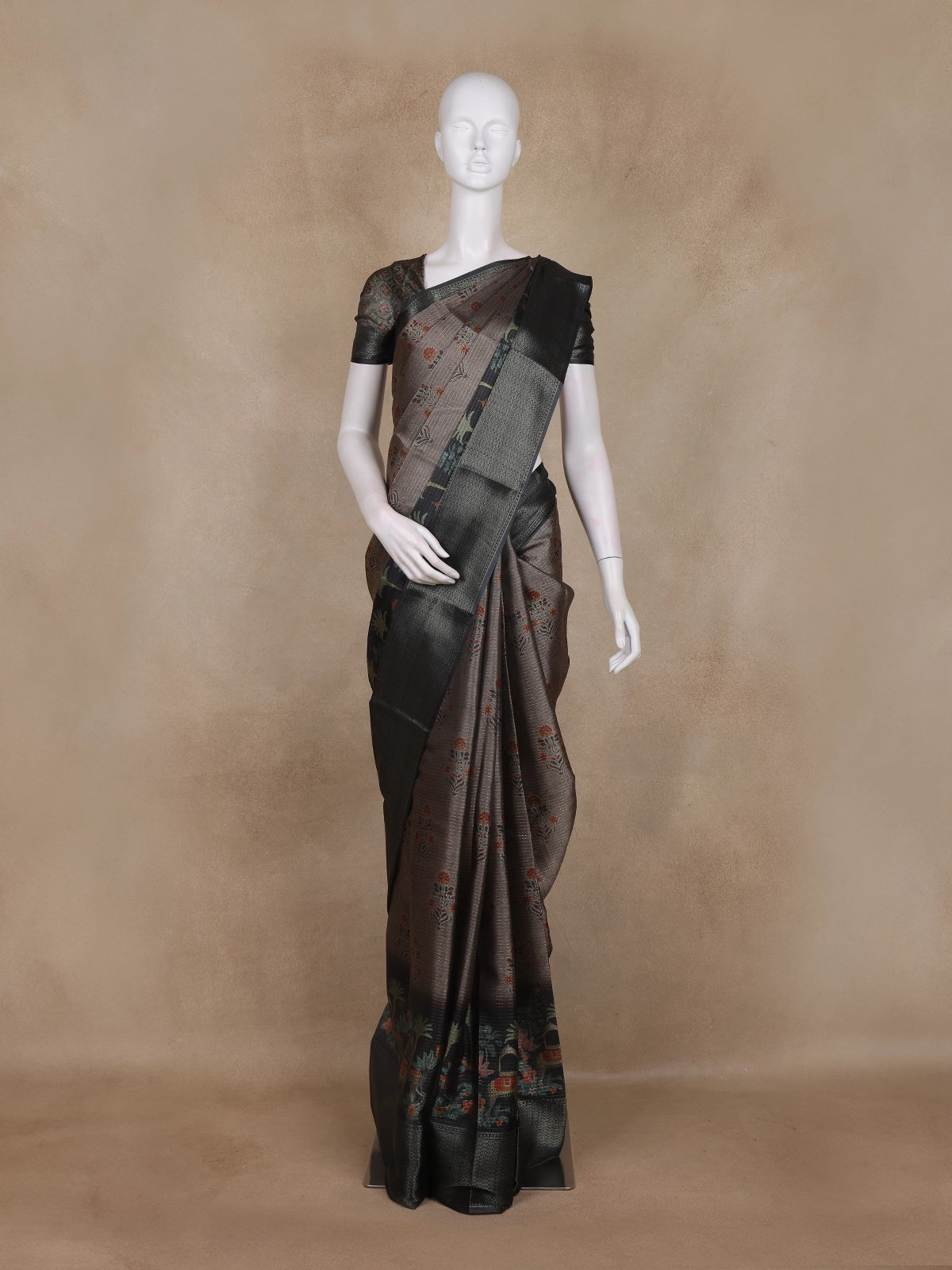 Ash Brown and Black Floral Woven Design Mixed Cotton Fancy Saree with Zari Border