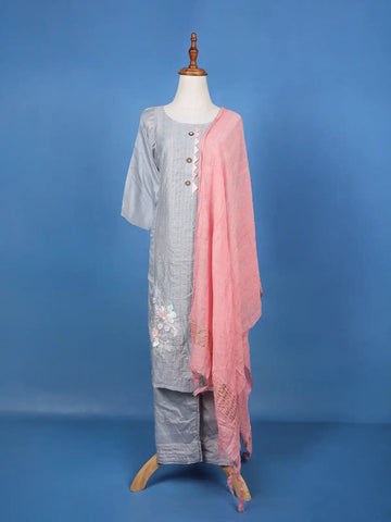 Ash Floral Embroidered Cotton Salwar Suit - Diadem