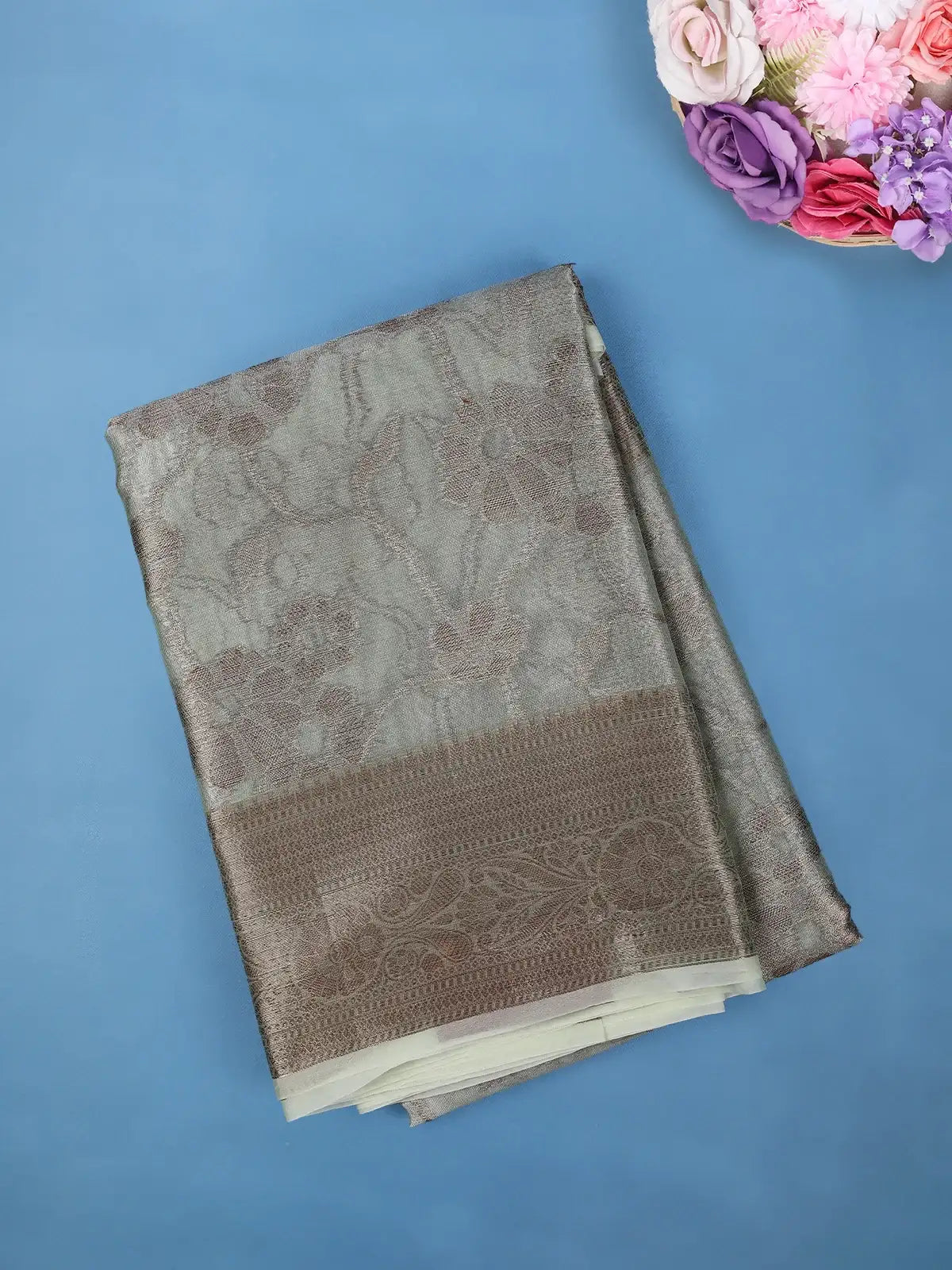 Ash Floral Design Tissue Silk Saree - Diadem