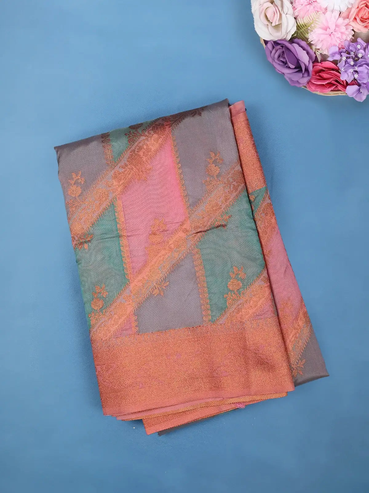 Ash Grey Diagonal Stripe Floral Design Tissue Silk Saree - Diadem