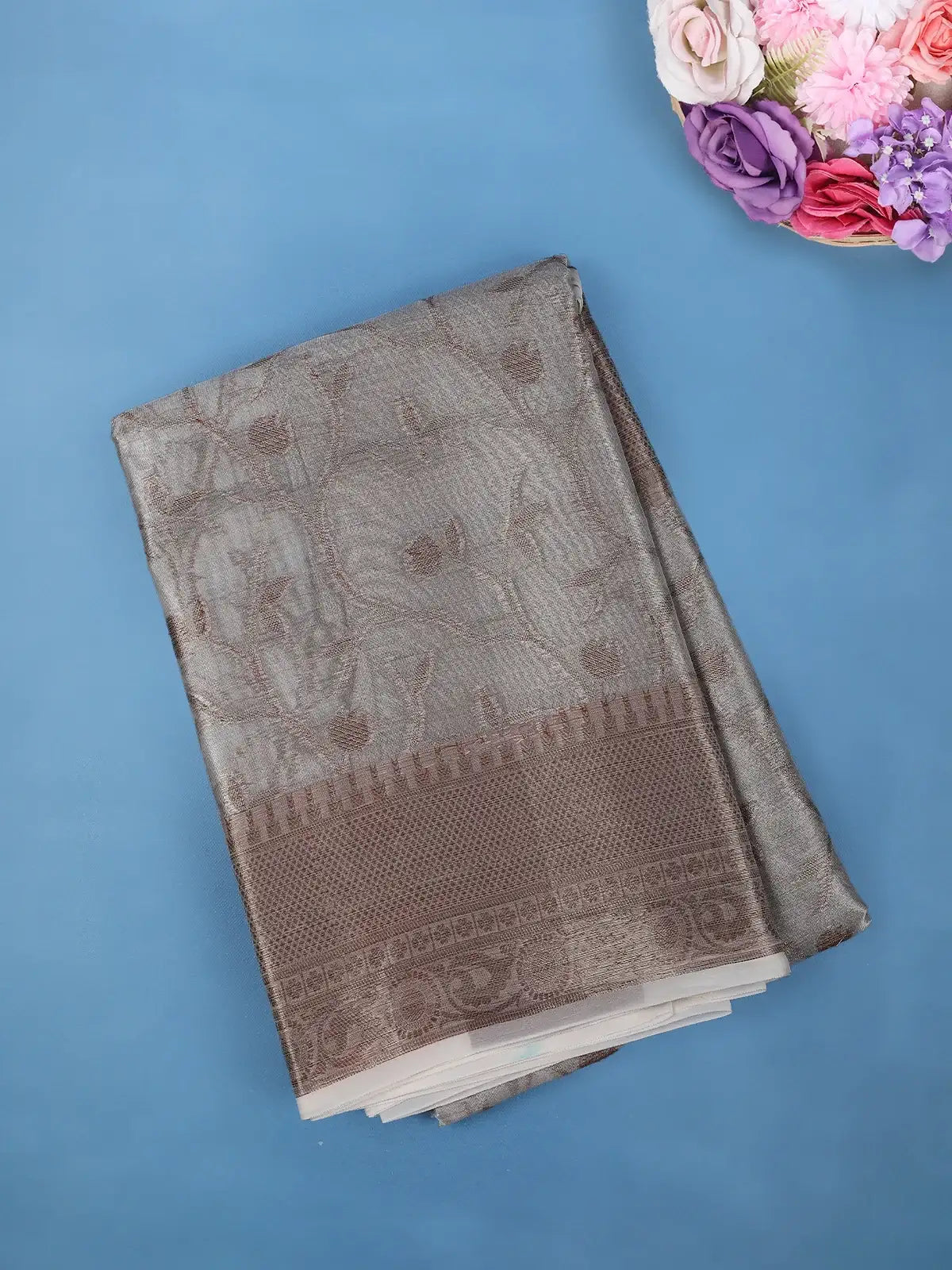 Ash Grey Floral Design Woven Tissue Silk Saree - Diadem