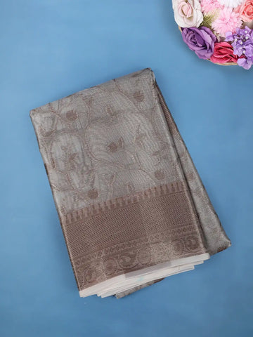 Ash Grey Floral Design Woven Tissue Silk Saree - Diadem