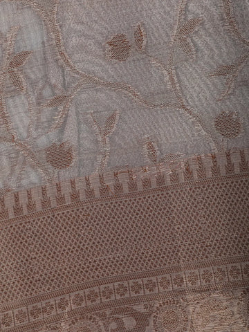 Ash Grey Floral Design Woven Tissue Silk Saree - Diadem