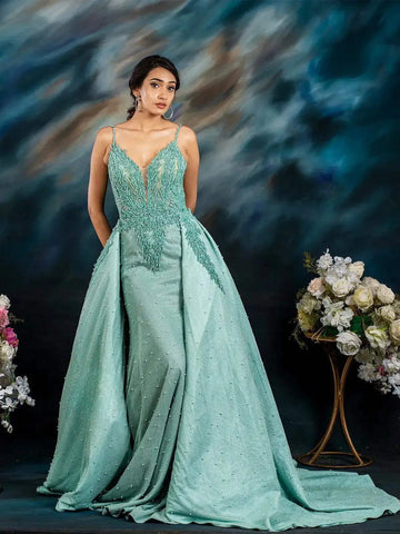 Mint Green Glitter Net Gown Embellished with Stones - Diadem