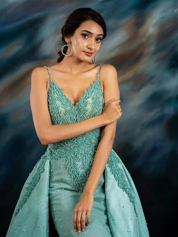 Mint Green Glitter Net Gown Embellished with Stones - Diadem