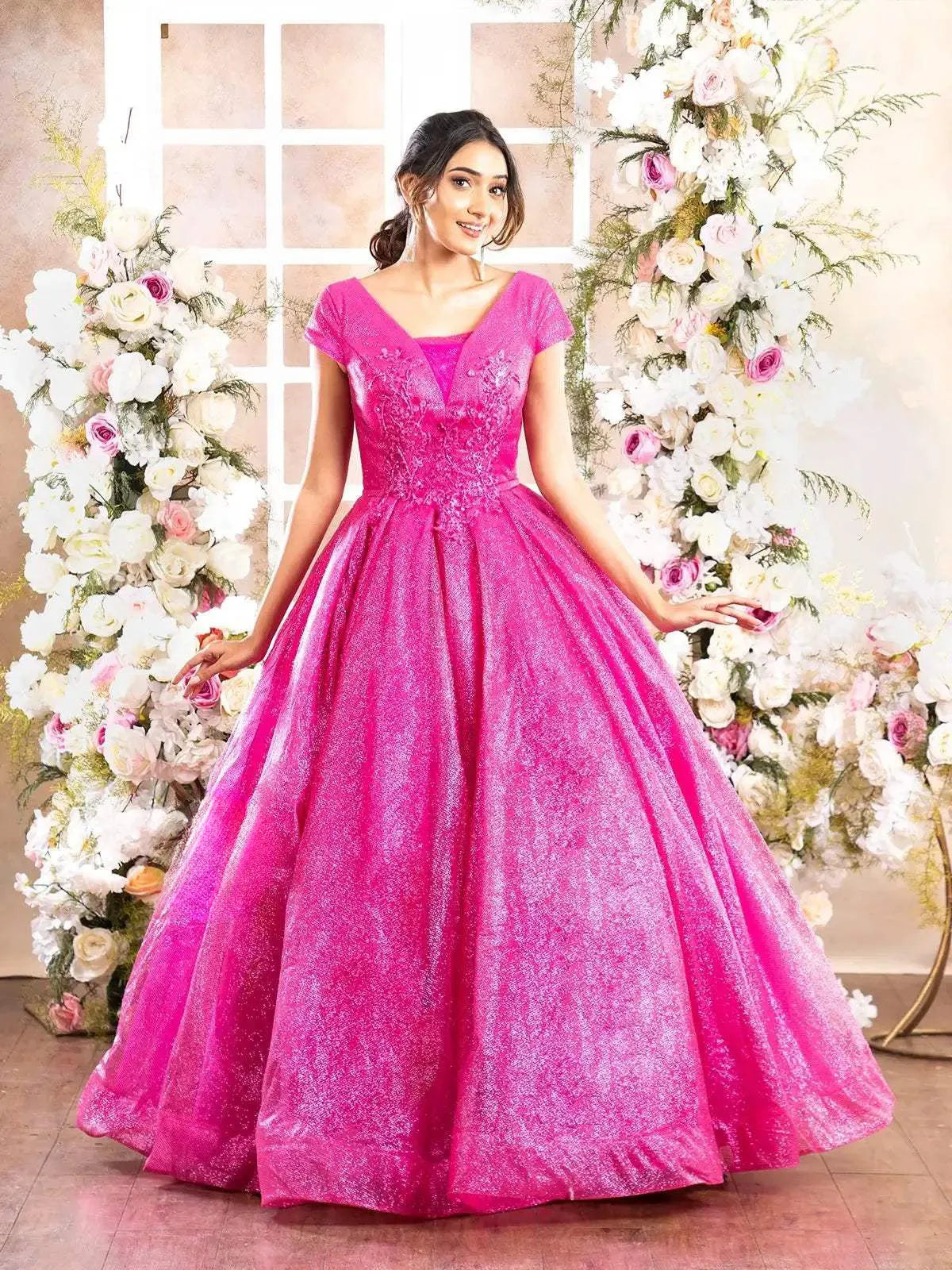 Pink Net with Shimmers and Floral Laces Gown - Diadem