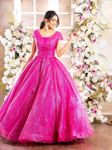 Pink Net with Shimmers and Floral Laces Gown - Diadem