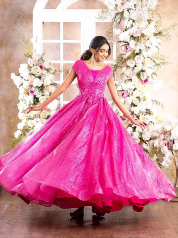 Pink Net with Shimmers and Floral Laces Gown - Diadem
