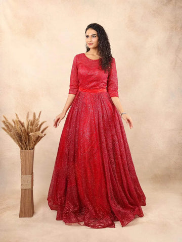 Red Glitter Net Ball Gown - Diadem
